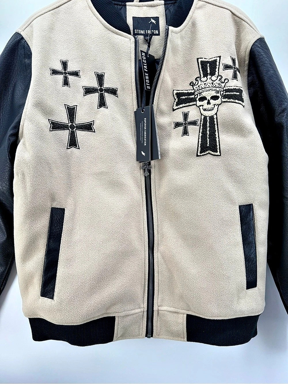 Stone Falcon Skull Cross Varsity Bomber Jacket Tan Black Men’s Size L NWT